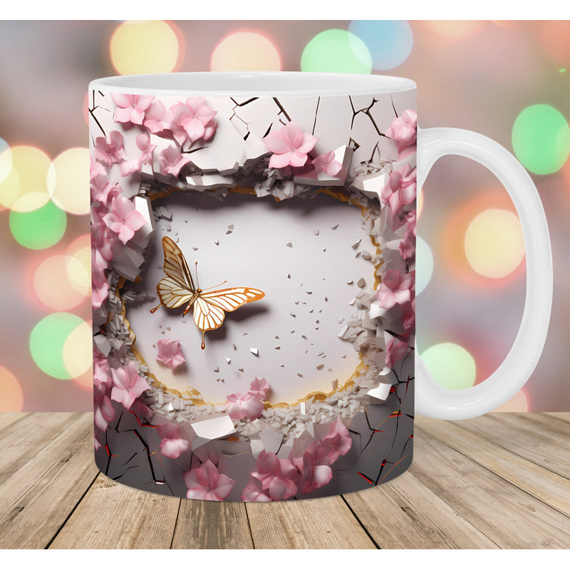 3D Crack In A Wall Rose Gold Butterfly Mug Wrap, 11oz & 15oz Mug Template, Flowers Mug Sublimation Design, Instant Digital Download PNG.jpg