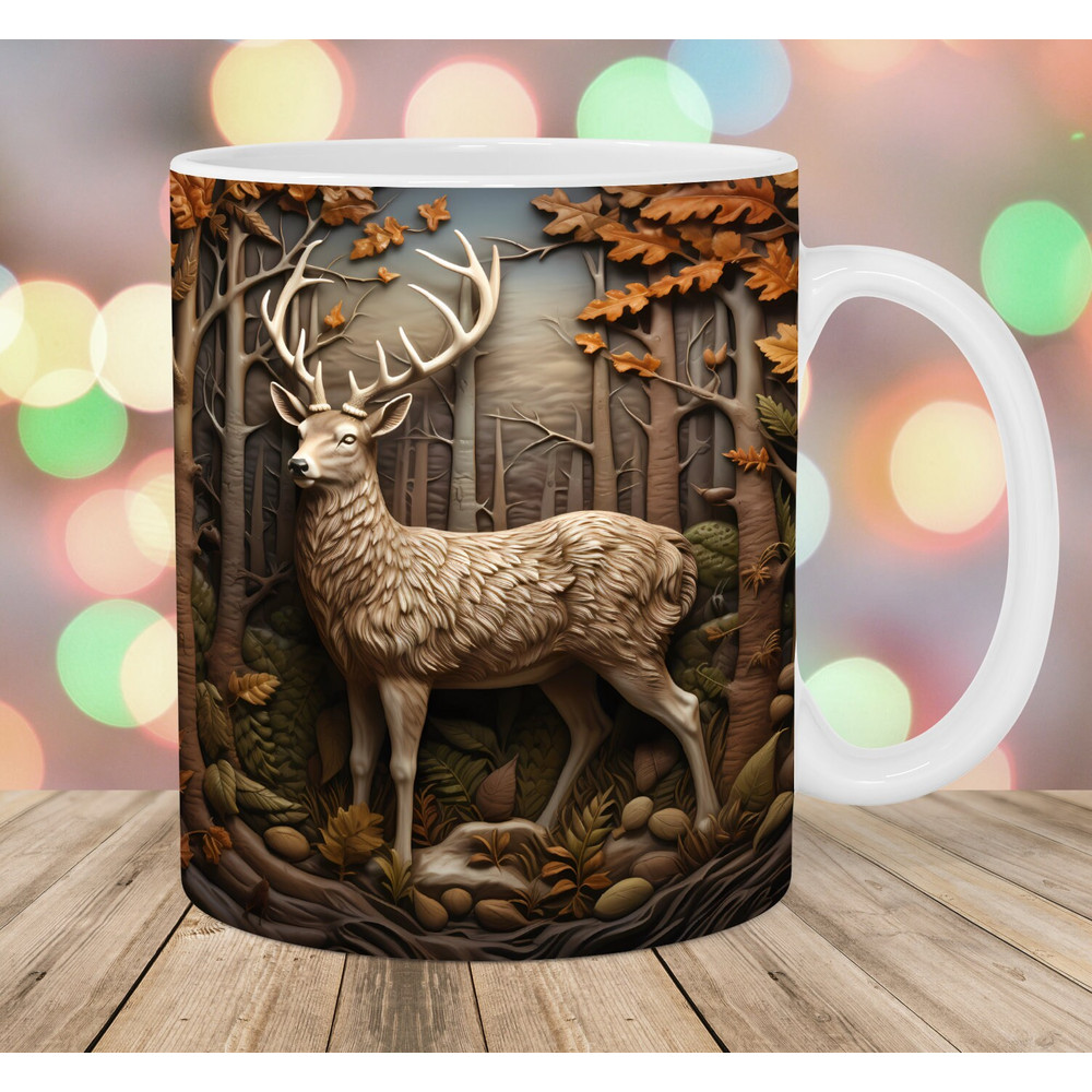 3D Deer Mug Wrap, 11oz And 15oz Mug Template, Deer Forest Mug Sublimation Design, Mug Wrap Template, Instant Digital Download PNG.jpg