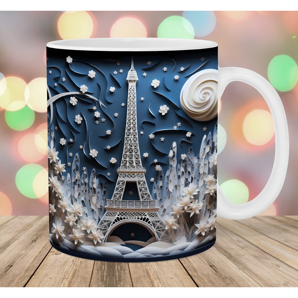 3D Eiffel Tower Christmas Mug Wrap, 11oz & 15oz Mug Template, Mug Sublimation Design, Mug Wrap Template, Instant Digital Download PNG.jpg