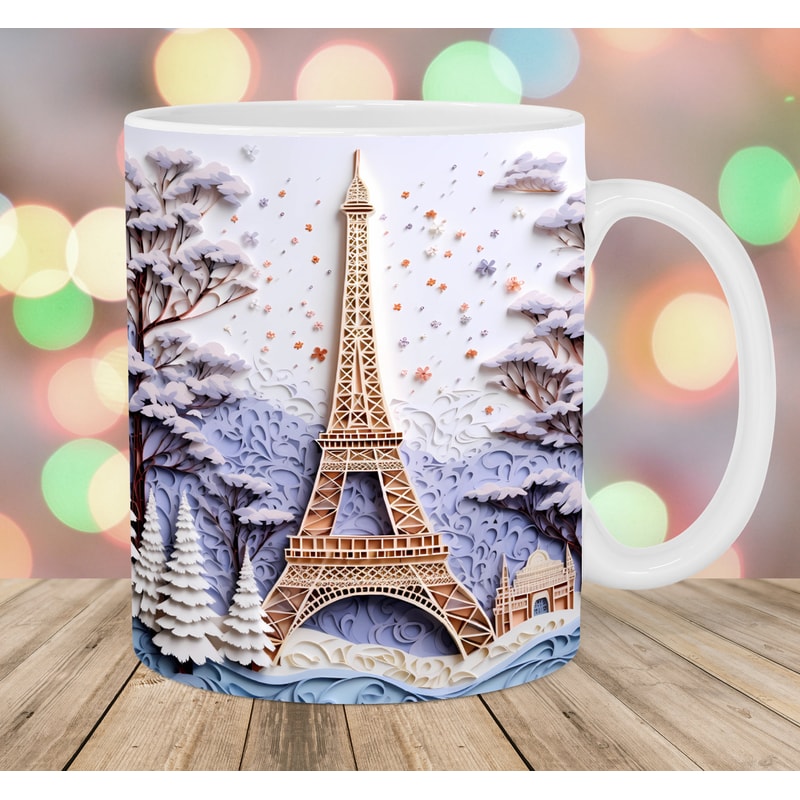3D Eiffel Tower Mug Wrap, 11oz & 15oz Mug Template, Winter Mug Sublimation Design, Christmas Mug Wrap Template, Instant Digital Download PNG.jpg