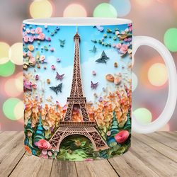 3d eiffel tower mug, 11oz and 15oz mug, flowers mug design