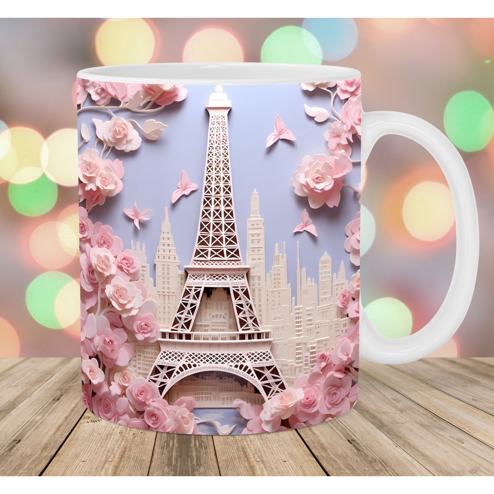 3D Eiffel Tower Pink Roses Mug Wrap, 11oz And 15oz Mug Template, Mug Sublimation Design, Mug Wrap Template, Instant Digital Download PNG.jpg