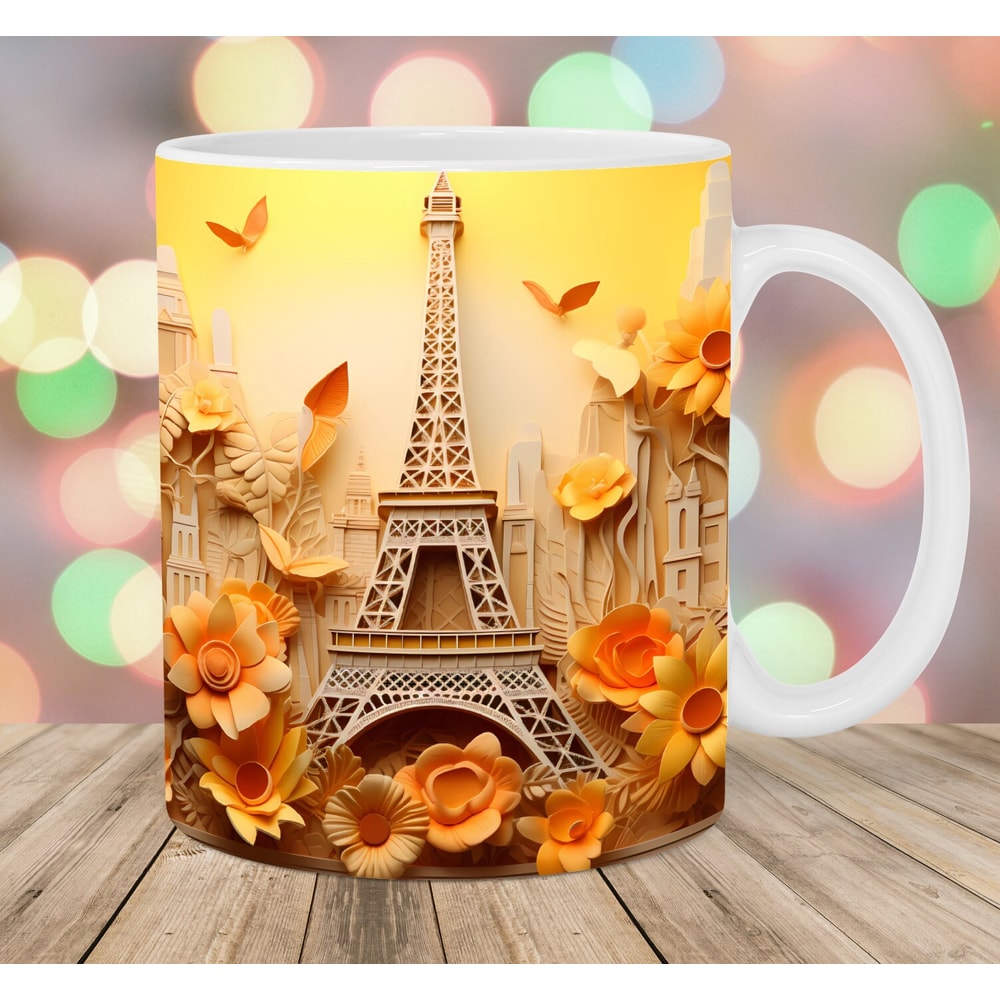 3D Eiffel Tower Yellow Flowers Mug Wrap, 11oz And 15oz Mug Template, Mug Sublimation Design, Mug Wrap Template, Instant Digital Download PNG.jpg