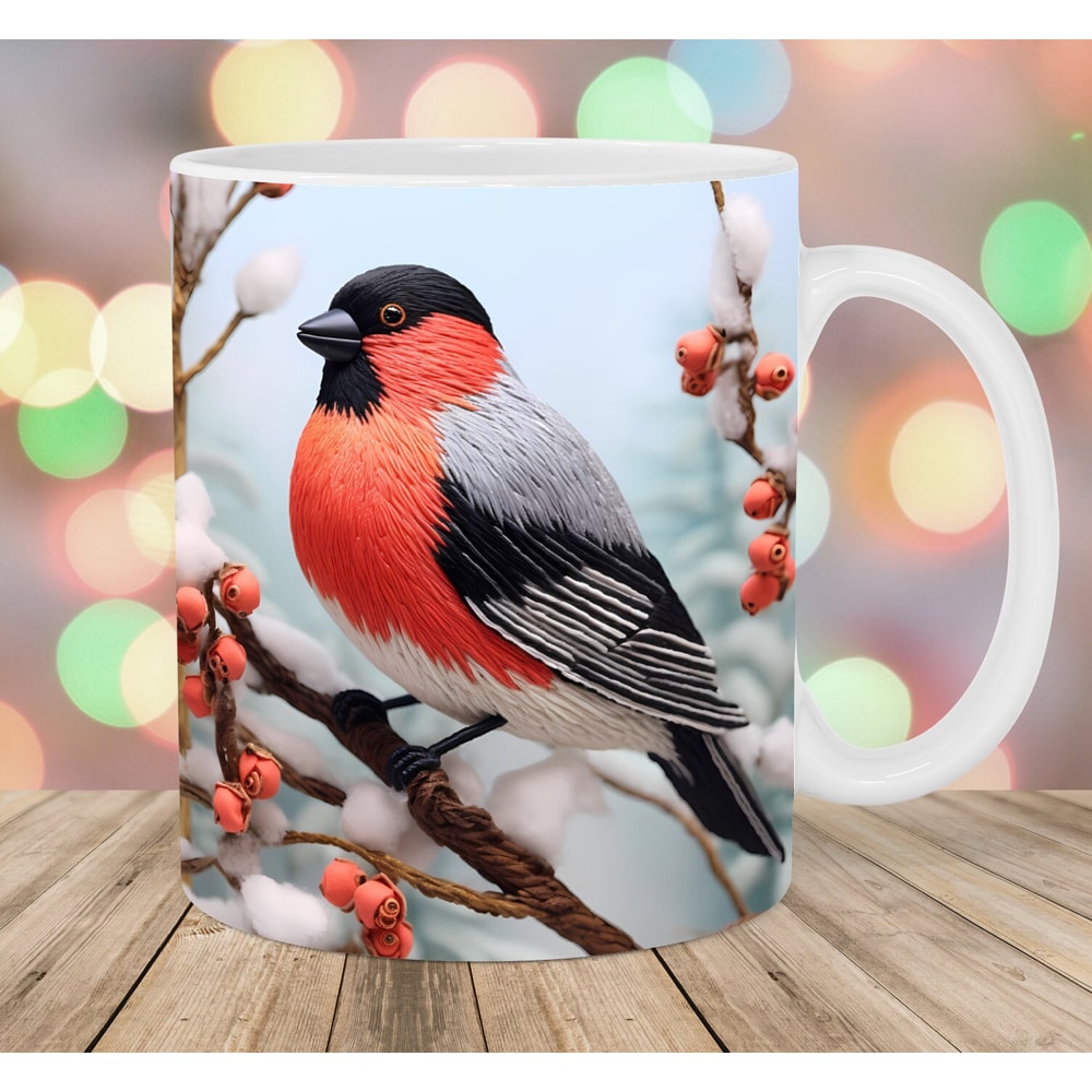 3D Embroidered Bullfinch Bird Mug Wrap, 11oz And 15oz Mug Template, Mug Sublimation Design, Mug Wrap Template, Instant Digital Download PNG.jpg