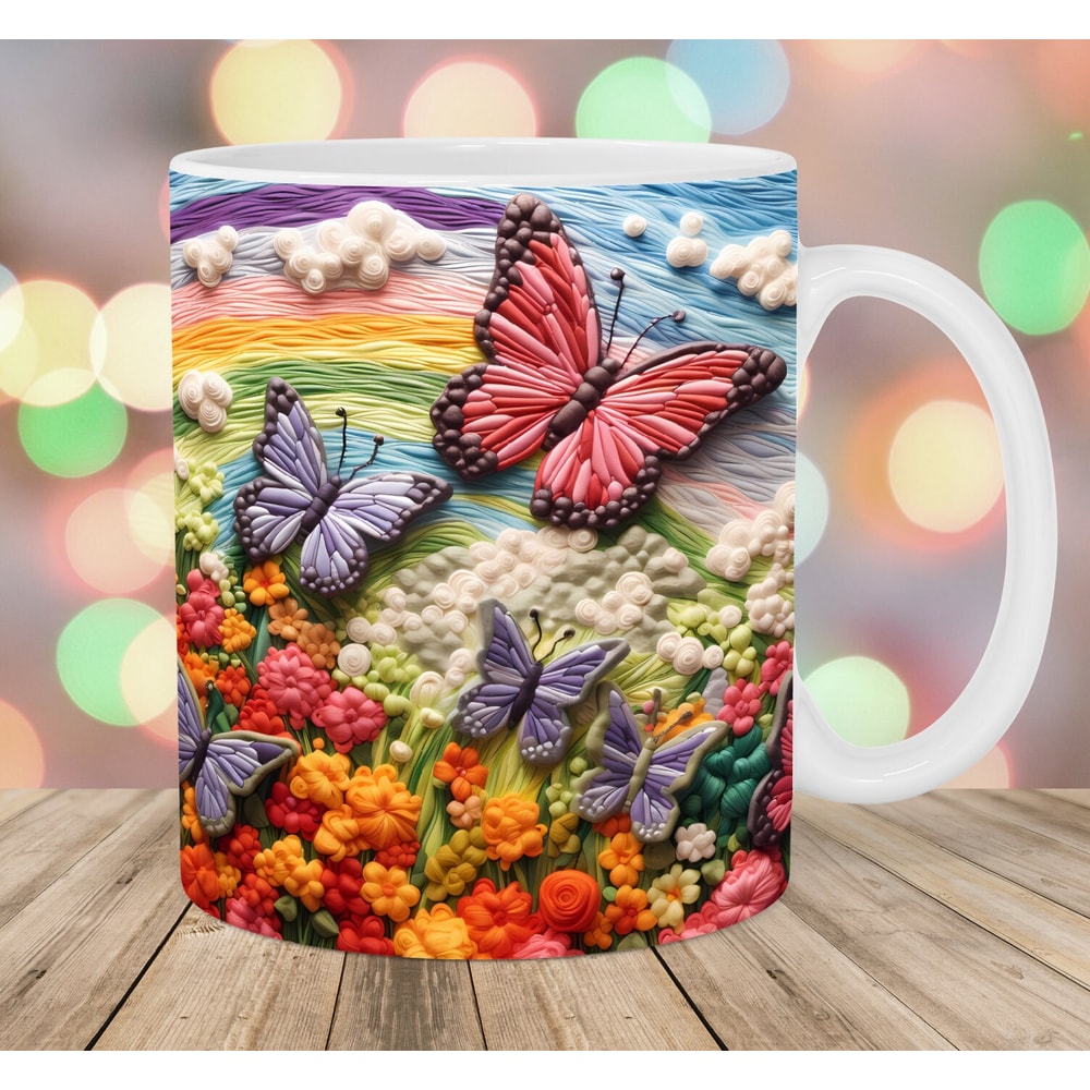 3D Embroidered Butterfly Flowers Mug Wrap, 11oz & 15oz Mug Template, Mug Sublimation Design, Mug Wrap Template, Instant Digital Download PNG.jpg
