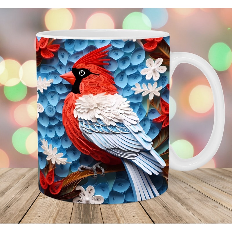 3D Flower Red Cardinal Bird Mug Wrap, 11oz & 15oz Mug Template, Mug Sublimation Design, Mug Wrap Template, Instant Digital Download PNG.jpg