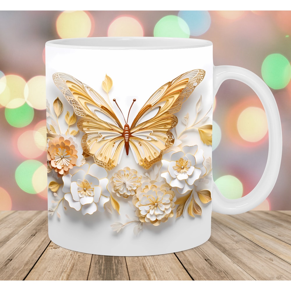 3D Gold Butterfly Flowers Mug Wrap, 11oz And 15oz Mug Template, Mug Sublimation Design, Mug Wrap Template, Instant Digital Download PNG.jpg