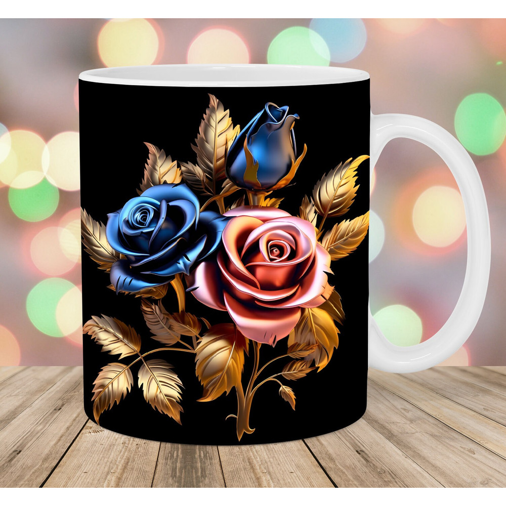 3D Gold Pink Blue Roses Mug Wrap, 11oz & 15oz Mug Template, Mug Sublimation Design, Flowers Mug Wrap Template, Instant Digital Download PNG.jpg