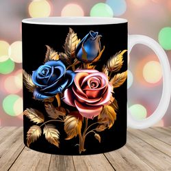 3d gold pink blue roses mug, 11oz 15oz mug, mug design
