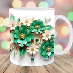 3d green white gold flowers mug, 11oz 15oz mug, 3d mug design