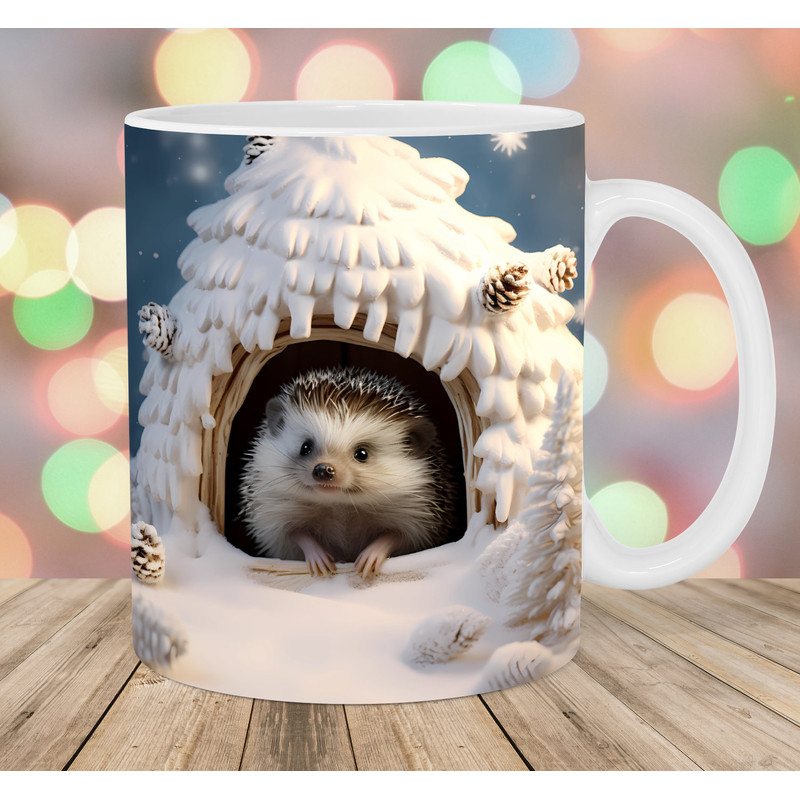 3D Hedgehog Mug Wrap, 11oz & 15oz Mug Template, Mug Sublimation Design, Snowy House Mug Wrap Template, Instant Digital Download PNG.jpg
