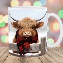 3d highland cow mug, 11oz 15oz mug, winter mug design