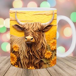 3d highland cow sunflowers mug, 11oz and 15oz mug, mug design