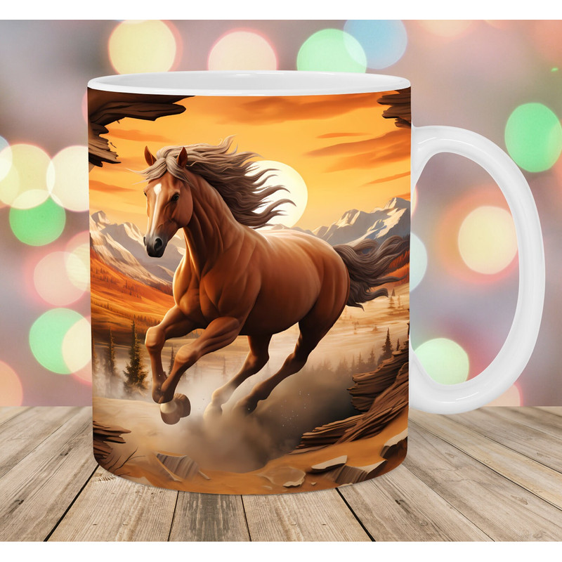 3D Horse Mug Wrap, 11oz And 15oz Mug Template, Wooden Mug Sublimation Design, Hole In A Wall Mug Wrap Template, Instant Digital Download PNG.jpg