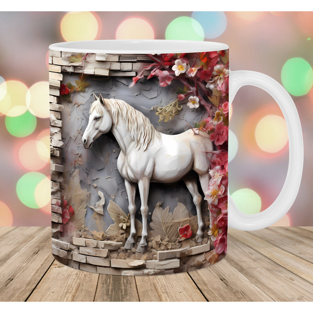 3D Horse Mug Wrap, 11oz And 15oz Mug Template, Vintage Mug Sublimation Design, Flowers Mug Wrap Template, Instant Digital Download PNG.jpg