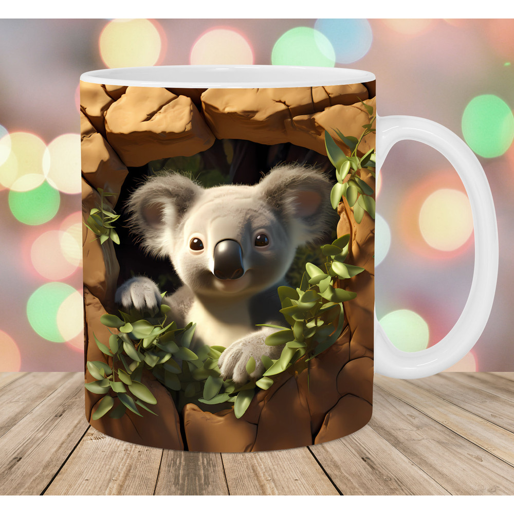 3D Koala Mug Wrap, 11oz & 15oz Mug Template, Hole In A Wall Mug Sublimation Design, Gum Tree Mug Wrap Template, Instant Digital Download PNG.jpg