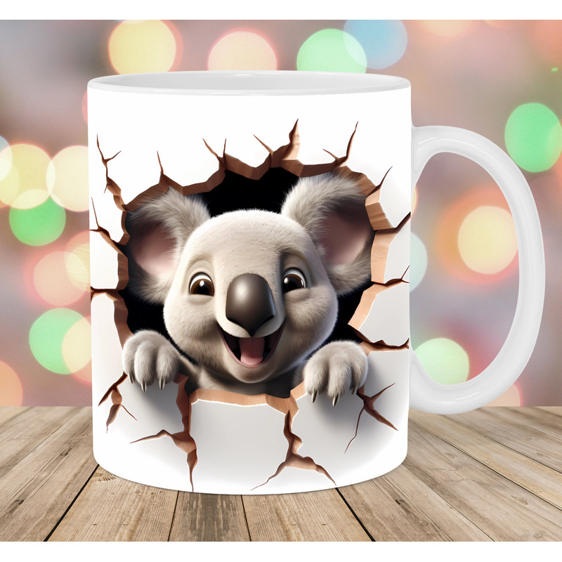 3D Koala Mug Wrap, 11oz & 15oz Mug Template, Mug Sublimation Design, Hole In A Wall Mug Wrap Template, Instant Digital Download PNG.jpg