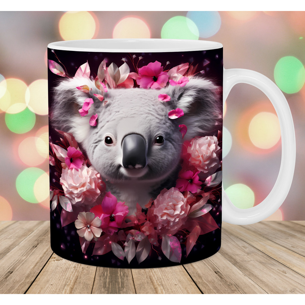 3D Koala Mug Wrap, 11oz And 15oz Mug Template, Mug Sublimation Design, Pink Flowers Mug Wrap Template, Instant Digital Download PNG.jpg