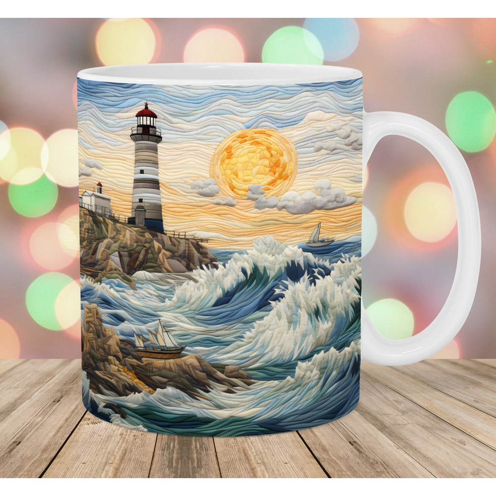 3D Lighthouse Ocean Landscape Mug Wrap, 11oz And 15oz Mug Template, Mug Sublimation Design, Mug Wrap Template, Instant Digital Download PNG.jpg