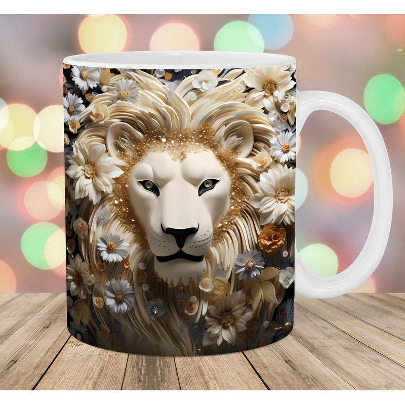 3D Lion Mug Wrap, 11oz And 15oz Mug Template, Mug Sublimation Design, Daisies Mug Wrap Template, Instant Digital Download PNG.jpg