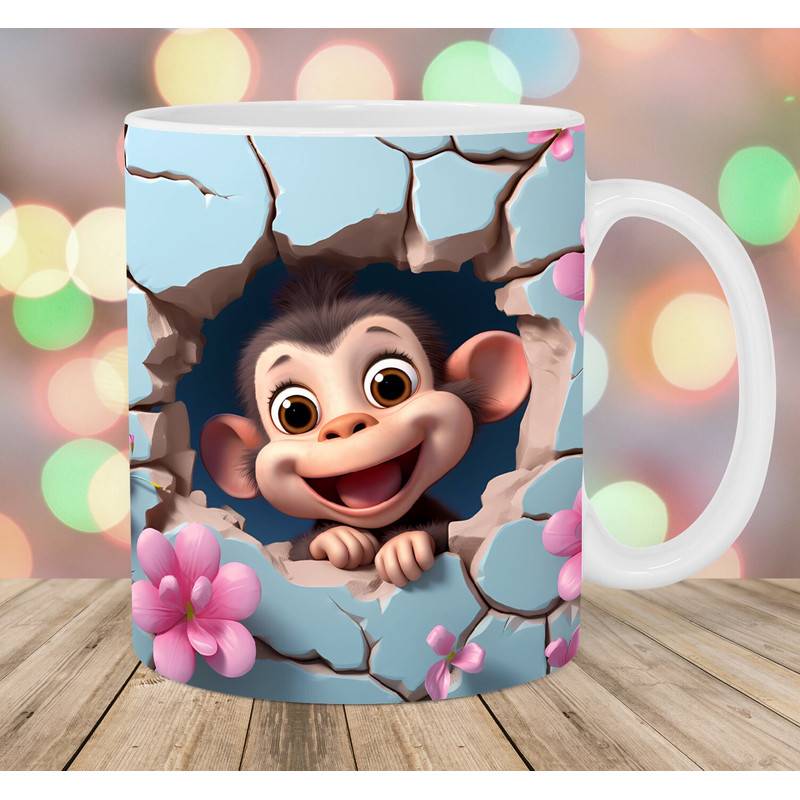 3D Monkey Mug Wrap, 11oz & 15oz Mug Template, Hole In A Wall Mug Sublimation Design, Flowers Mug Wrap Template, Instant Digital Download PNG.jpg