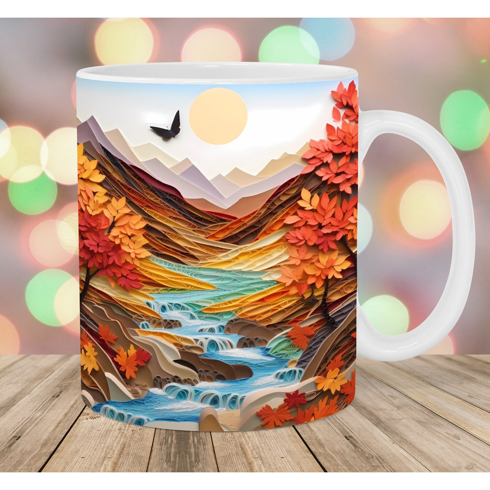 3D Mountains Autumn Landscape Mug Wrap, 11oz And 15oz Mug Template, Mug Sublimation Design, Mug Wrap Template, Instant Digital Download PNG.jpg