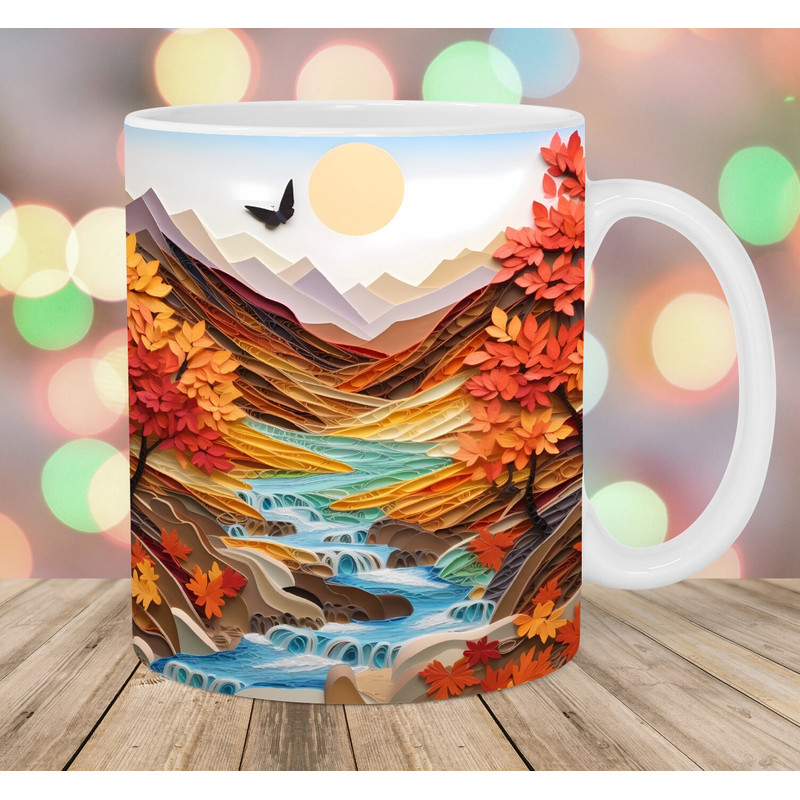 3D Mountains Autumn Landscape Mug Wrap, 11oz And 15oz Mug Template, Mug Sublimation Design, Mug Wrap Template, Instant Digital Download PNG.jpg