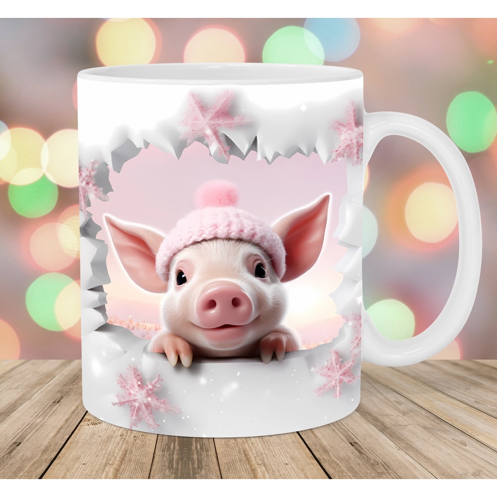 3D Pig In Snow Mug Wrap, 11oz And 15oz Mug Template, Mug Sublimation Design, Hole In A Wall Mug Wrap Template, Instant Digital Download PNG.jpg