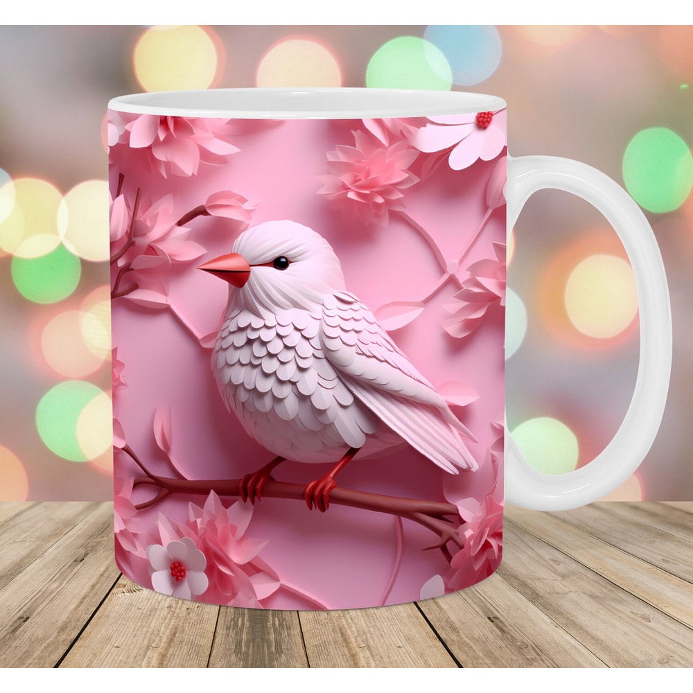 3D Pink Bird Mug Wrap, 11oz And 15oz Mug Template, Flowers Mug Sublimation Design, Mug Wrap Template, Instant Digital Download PNG.jpg