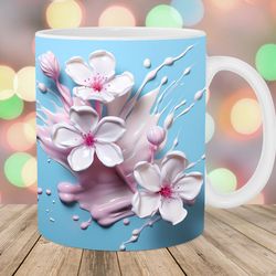 3d pink blue flowers mug, 11oz and 15oz mug, dripping paint mug design
