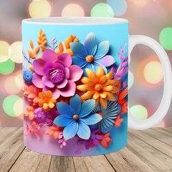 3d pink blue orange flowers mug, 11oz and 15oz mug, mug design