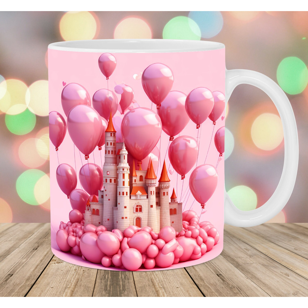 3D Pink Castle Balloons Mug Wrap, 11oz And 15oz Mug Template, Mug Sublimation Design, Mug Wrap Template, Instant Digital Download PNG.jpg