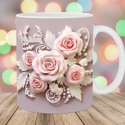 3d pink pearl roses mug, 11oz and 15oz mug, mug design