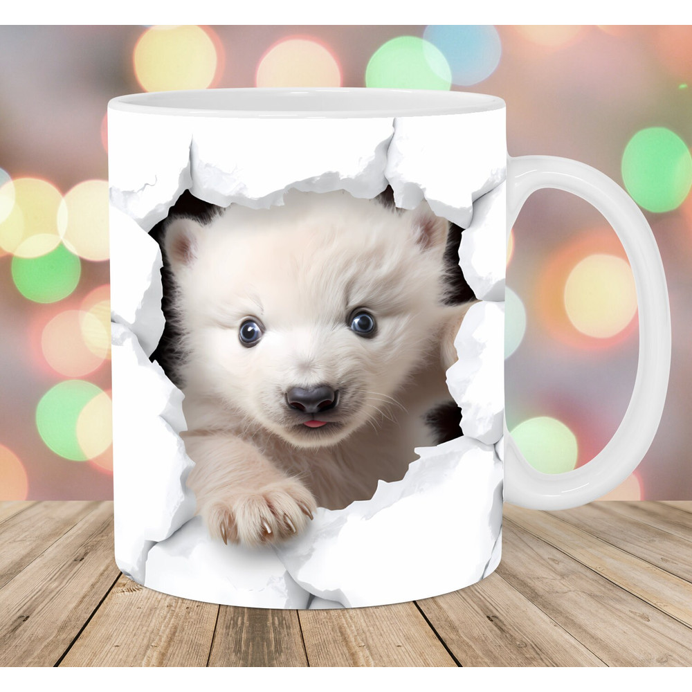 3D Polar Bear Hole In A Wall Mug Wrap, 11oz And 15oz Mug Template, Mug Sublimation Design, Mug Wrap Template, Instant Digital Download PNG.jpg