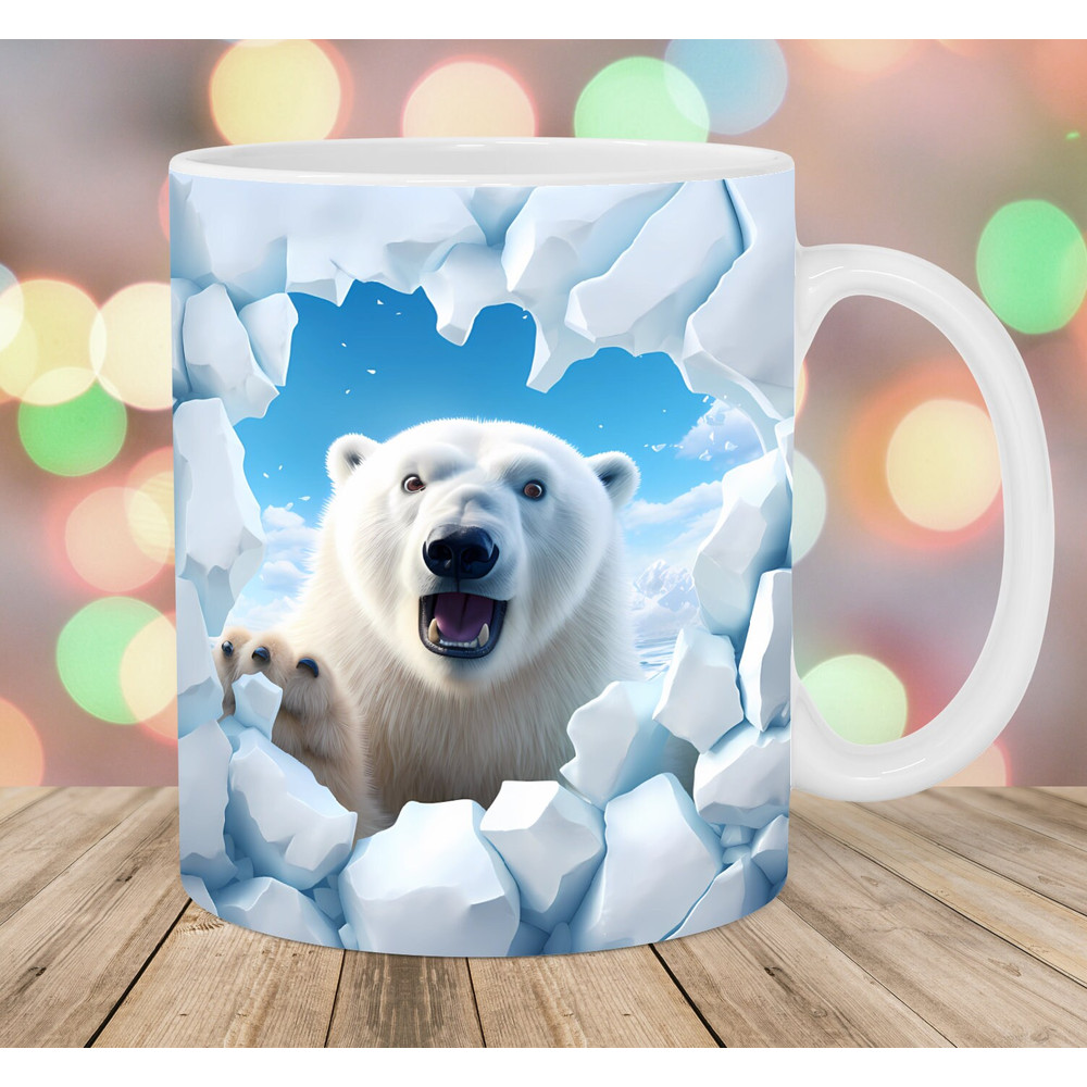 3D Polar Bear Mug Wrap, 11oz & 15oz Mug Template, Hole In A Wall Mug Sublimation Design, Mug Wrap Template, Instant Digital Download PNG.jpg
