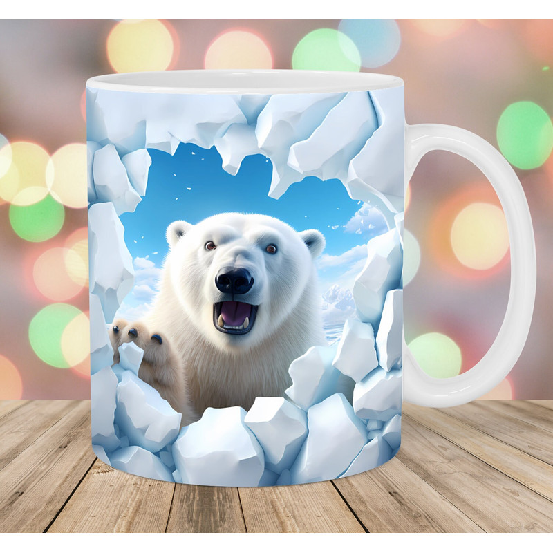 3D Polar Bear Mug Wrap, 11oz & 15oz Mug Template, Hole In A Wall Mug Sublimation Design, Mug Wrap Template, Instant Digital Download PNG.jpg
