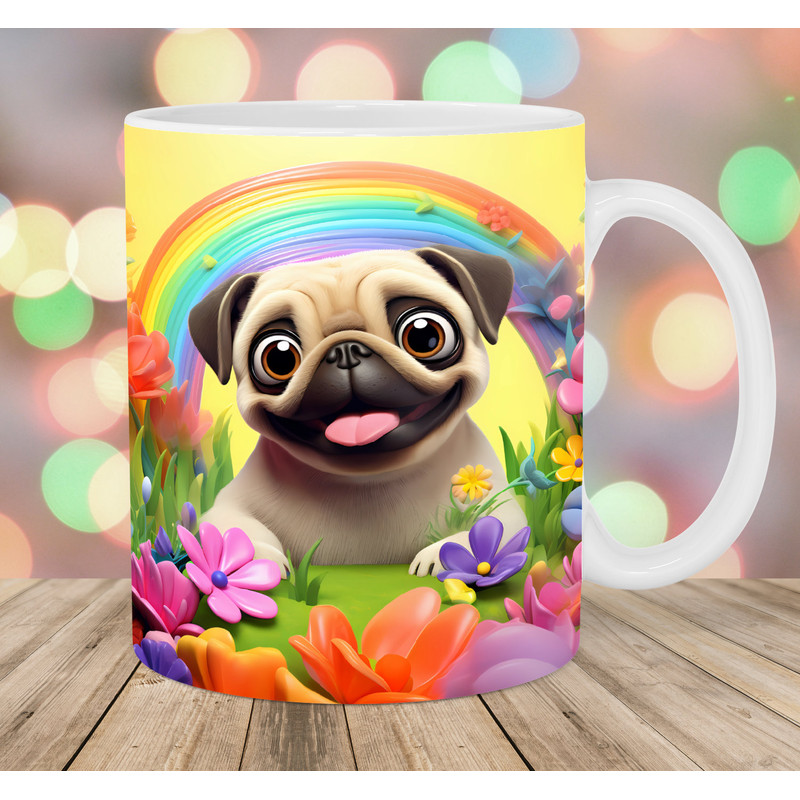 3D Pug Mug Wrap, 11oz And 15oz Mug Template, Rainbow Flowers Mug Sublimation Design, Puppy Mug Wrap Template, Instant Digital Download PNG.jpg