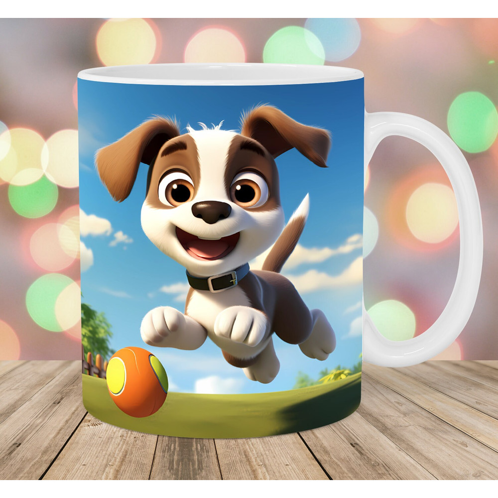 3D Puppy Playing Ball Mug Wrap, 11oz And 15oz Mug Template, Mug Sublimation Design, Mug Wrap Template, Instant Digital Download PNG.jpg