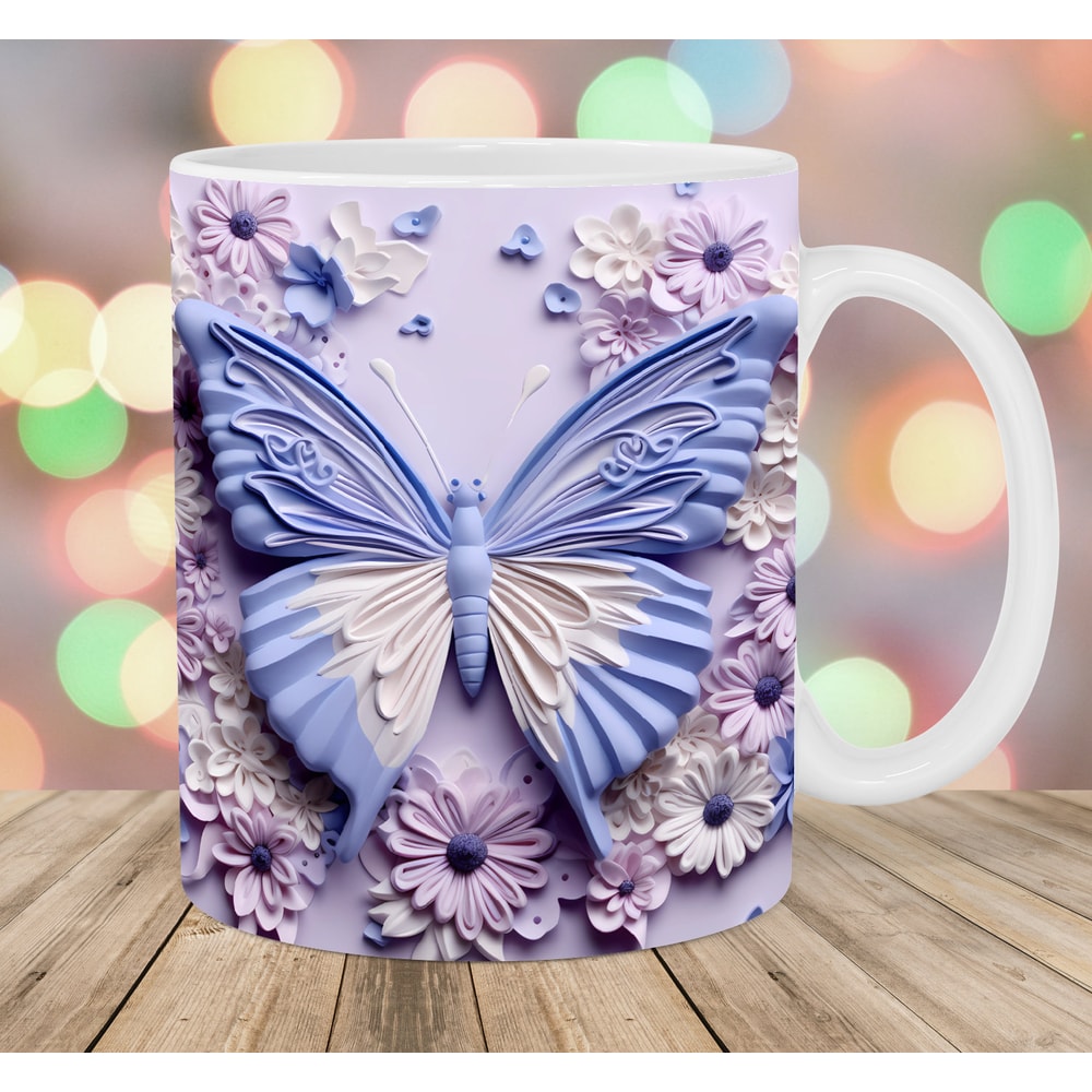3D Purple Butterfly Flowers Mug Wrap, 11oz And 15oz Mug Template, Mug Sublimation Design, Mug Wrap Template, Instant Digital Download PNG.jpg