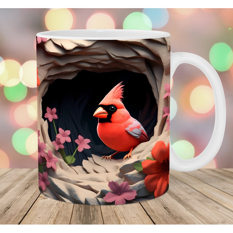 3D Red Cardinal Bird Mug Wrap, 11oz And 15oz Mug Template, Mug Sublimation Design, Mug Wrap Template, Instant Digital Download PNG.jpg