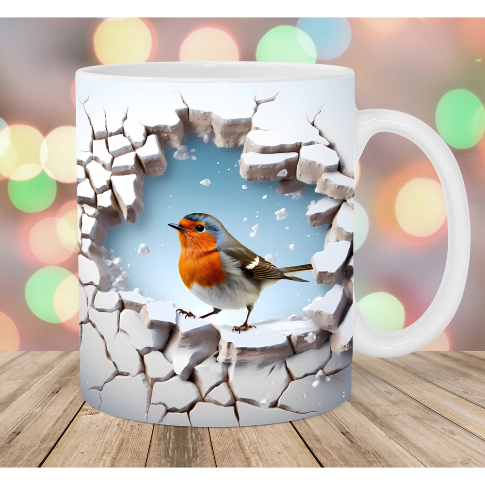 3D Robin Bird Hole In A Wall Mug Wrap, 11oz & 15oz Mug Template, Mug Sublimation Design, Mug Wrap Template, Instant Digital Download PNG.jpg