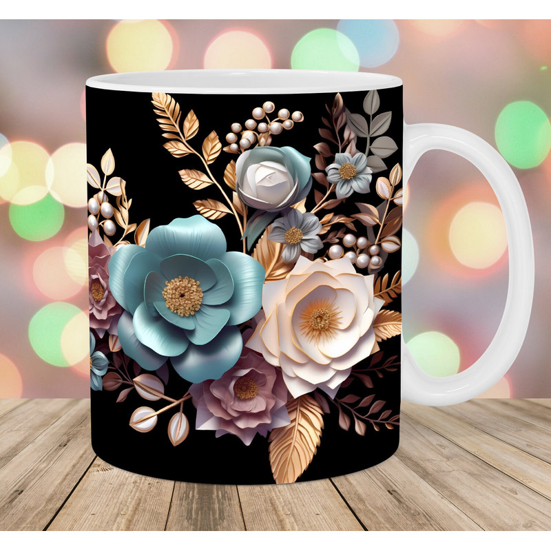 3D Rose Gold Green Flowers Mug Wrap, 11oz And 15oz Mug Template, Mug Sublimation Design, Mug Wrap Template, Instant Digital Download PNG.jpg