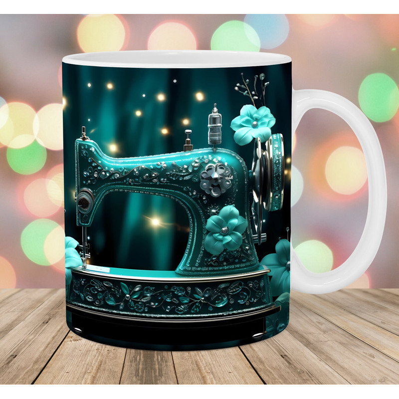 3D Sewing Machine Mug Wrap, 11oz & 15oz Mug Template, Green Mug Sublimation Design, Flower Mug Wrap Template, Instant Digital Download PNG.jpg