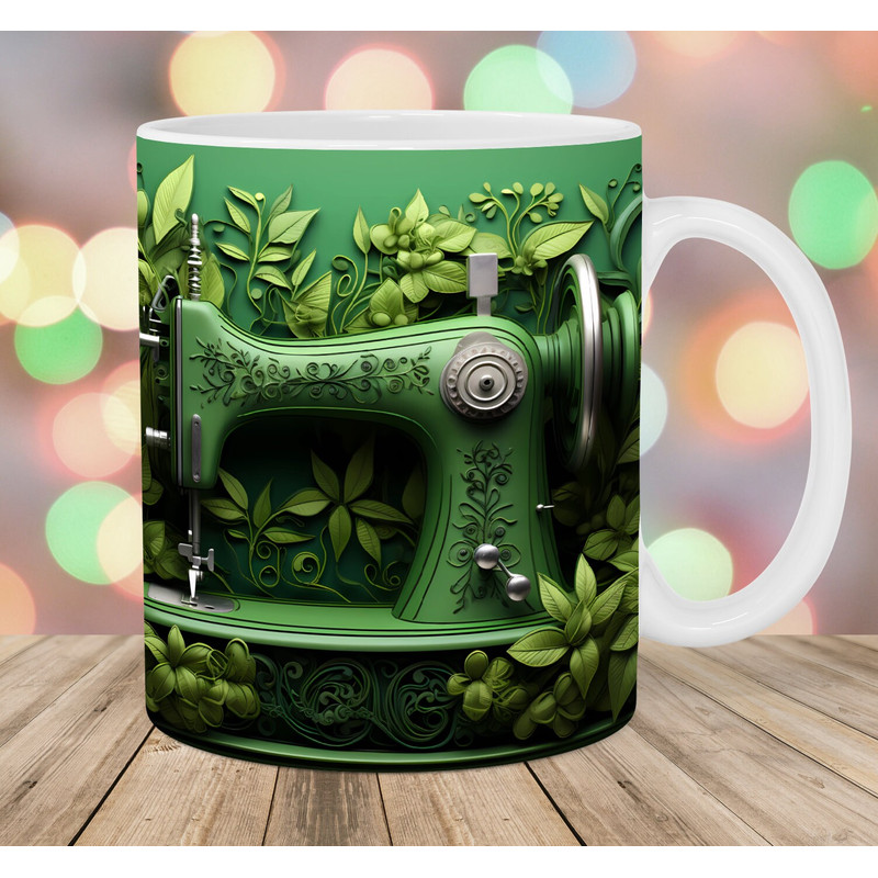 3D Sewing Machine Mug Wrap, 11oz & 15oz Mug Template, Mug Sublimation Design, Green Flowers Mug Wrap Template, Instant Digital Download PNG.jpg