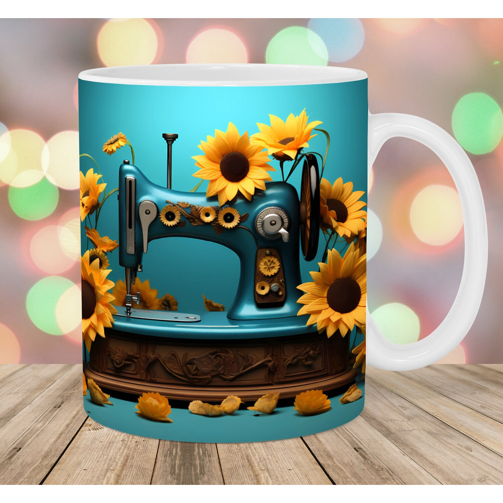 3D Sewing Machine Sunflowers Mug Wrap, 11oz And 15oz Mug Template, Mug Sublimation Design, Mug Wrap Template, Instant Digital Download PNG.jpg