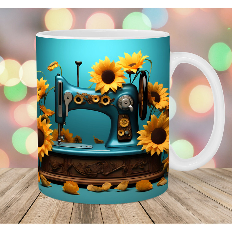 3D Sewing Machine Sunflowers Mug Wrap, 11oz And 15oz Mug Template, Mug Sublimation Design, Mug Wrap Template, Instant Digital Download PNG.jpg