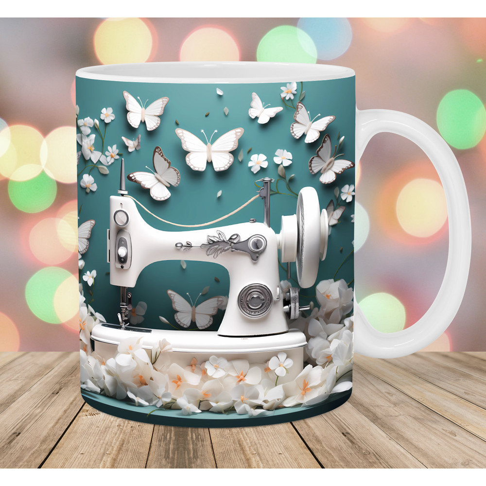 3D Sewing Machine White Butterflies Mug Wrap, 11oz And 15oz Mug Template, Mug Sublimation Design, Mug Template, Instant Digital Download PNG.jpg