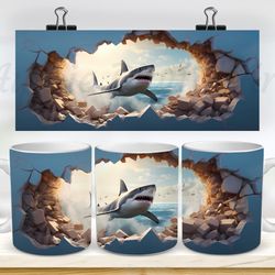 3d shark in a wall hole mug, 11oz and 15oz mug, mug design