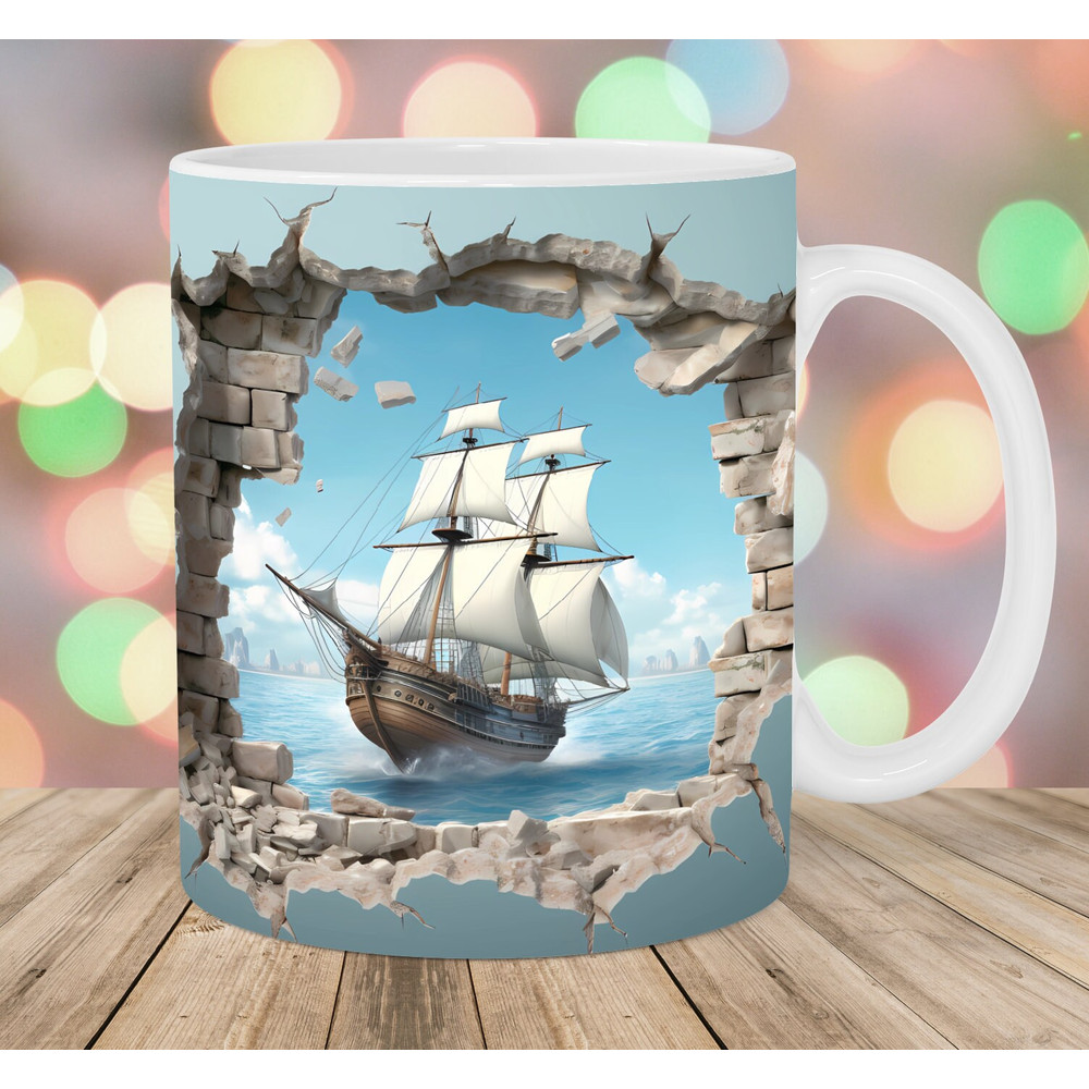 3D Ship Mug Wrap, 11oz & 15oz Mug Template, Mug Sublimation Design, Hole In A Wall Mug Wrap Template, Instant Digital Download PNG.jpg