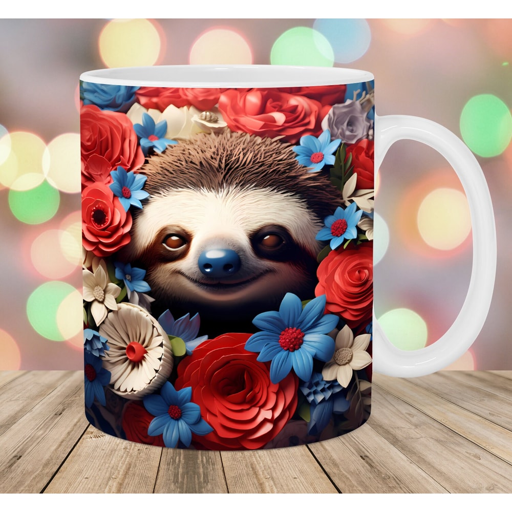 3D Sloth Red Blue White Flowers Mug Wrap, 11oz & 15oz Mug Template, Mug Sublimation Design, Mug Wrap Template, Instant Digital Download PNG.jpg